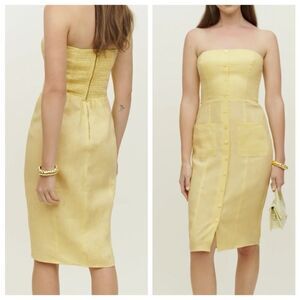 Reformation Prescott Linen Midi Strapless Dress Zest Yellow NWT 12